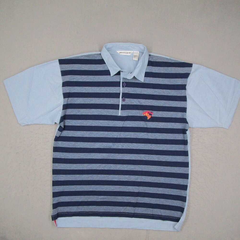 Vintage Pierre Cardin Polo Shirt Men Medium Blue Short Sleeve Striped Preppy Y2K